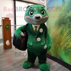 Forest Green Seal mascot costume character dressed with a Suit and Backpacks