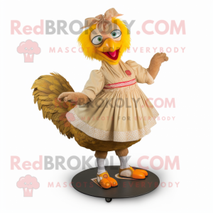 Tan Rooster mascot costume character dressed with a Circle Skirt and Shoe laces