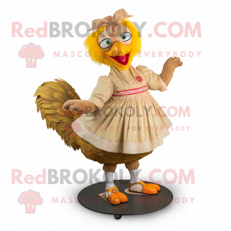 Tan Rooster mascot costume character dressed with a Circle Skirt and Shoe laces