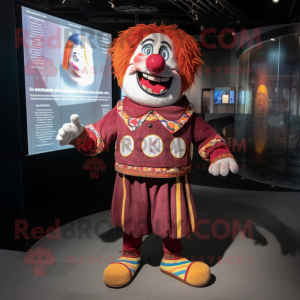 Maroon Clown mascot costume character dressed with a Rash Guard and Coin purses