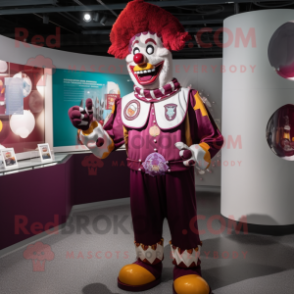 Maroon Clown mascot costume character dressed with a Rash Guard and Coin purses