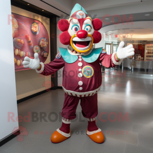 Maroon Clown mascot costume character dressed with a Rash Guard and Coin purses