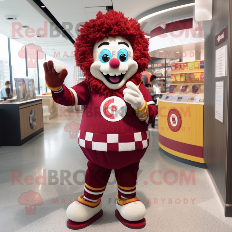 Maroon Clown mascot costume character dressed with a Rash Guard and Coin purses