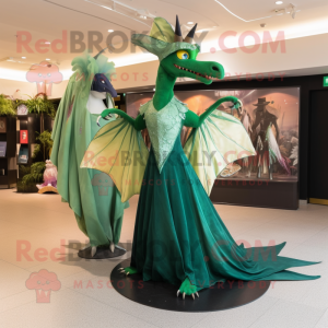 Green Pterodactyl mascot costume character dressed with a Evening Gown and Brooches