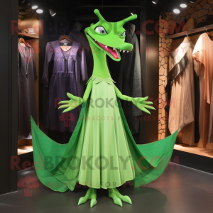Green Pterodactyl mascot costume character dressed with a Evening Gown and Brooches