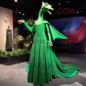 Green Pterodactyl mascot costume character dressed with a Evening Gown and Brooches