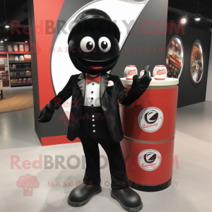 Black Soda Can mascot costume character dressed with a Suit Jacket and Cummerbunds