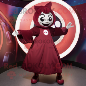 Maroon Juggle mascot costume character dressed with a Circle Skirt and Rings