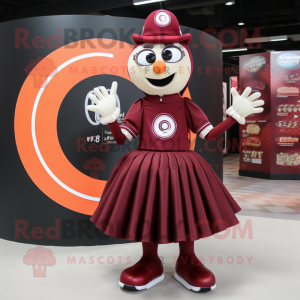 Maroon Juggle mascot costume character dressed with a Circle Skirt and Rings