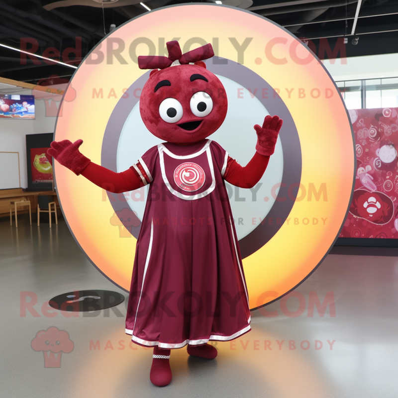 Maroon Juggle mascot costume character dressed with a Circle Skirt and Rings Maroon Juggle mascot costume character dressed with a Circle Skirt and Rings