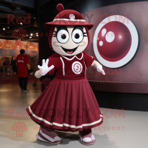 Maroon Juggle mascot costume character dressed with a Circle Skirt and Rings