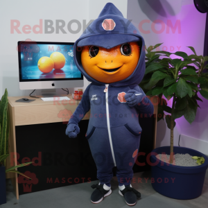 Navy Grapefruit mascot costume character dressed with a Hoodie and Digital watches