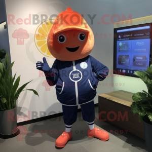 Navy Grapefruit mascot costume character dressed with a Hoodie and Digital watches