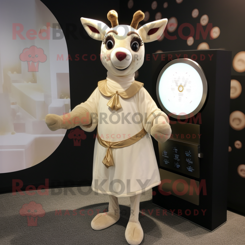 Cream Deer mascot costume character dressed with a Wrap Dress and Coin purses Cream Deer mascot costume character dressed with a Wrap Dress and Coin purses