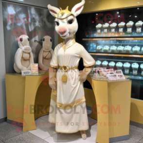 Cream Deer mascot costume character dressed with a Wrap Dress and Coin purses