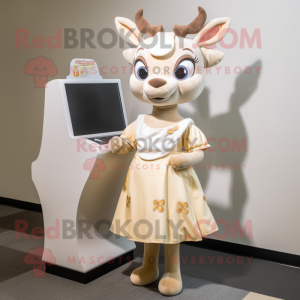 Cream Deer mascot costume character dressed with a Wrap Dress and Coin purses