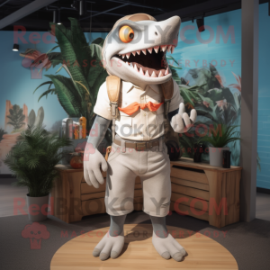 Gray Shark mascot costume character dressed with a Board Shorts and Suspenders