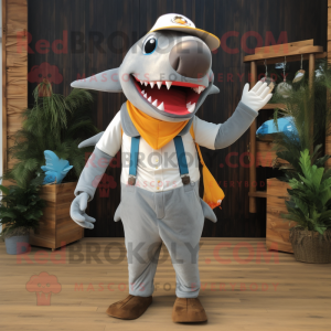 Gray Shark mascot costume character dressed with a Board Shorts and Suspenders
