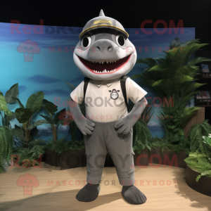 Gray Shark mascot costume character dressed with a Board Shorts and Suspenders