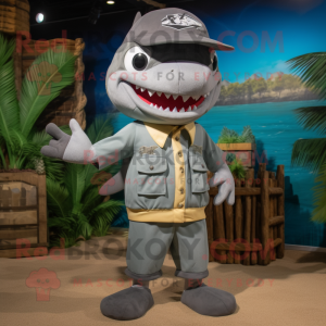 Gray Shark mascot costume character dressed with a Board Shorts and Suspenders