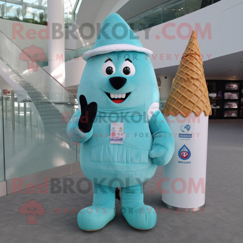Cyan Ice Cream Cone mascot costume character dressed with a Corduroy Pants and Messenger bags Cyan Ice Cream Cone mascot costume character dressed with a Corduroy Pants and Messenger bags
