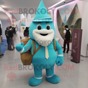 Cyan Ice Cream Cone mascot costume character dressed with a Corduroy Pants and Messenger bags