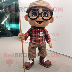 Brown Tightrope Walker mascot costume character dressed with a Flannel Shirt and Eyeglasses