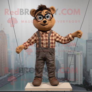 Brown Tightrope Walker mascot costume character dressed with a Flannel Shirt and Eyeglasses