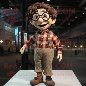 Brown Tightrope Walker mascot costume character dressed with a Flannel Shirt and Eyeglasses