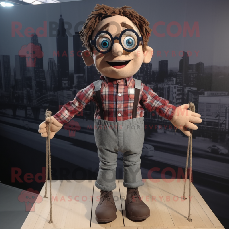 Brown Tightrope Walker mascot costume character dressed with a Flannel Shirt and Eyeglasses