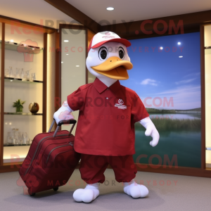 Maroon Muscovy Duck mascot costume character dressed with a Polo Tee and Messenger bags