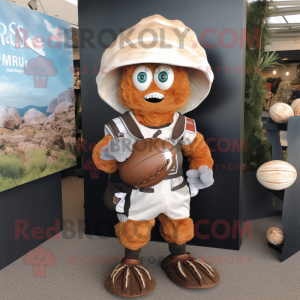 Rust Oyster mascot costume character dressed with a Rugby Shirt and Suspenders