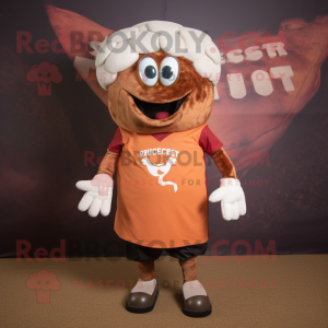 Rust Oyster mascot costume character dressed with a Rugby Shirt and Suspenders