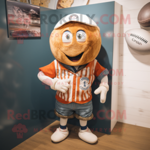 Rust Oyster mascot costume character dressed with a Rugby Shirt and Suspenders