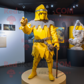 Yellow Medieval Knight mascot costume character dressed with a Trousers and Brooches