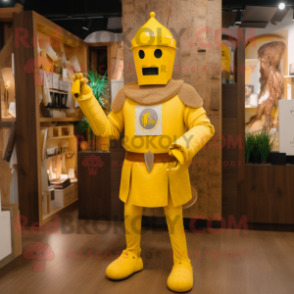 Yellow Medieval Knight mascot costume character dressed with a Trousers and Brooches