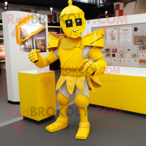 Yellow Medieval Knight mascot costume character dressed with a Trousers and Brooches