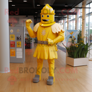 Yellow Medieval Knight mascot costume character dressed with a Trousers and Brooches