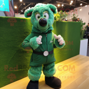 Forest Green Sheep mascot costume character dressed with a Jumpsuit and Smartwatches