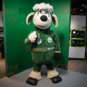 Forest Green Sheep mascot costume character dressed with a Jumpsuit and Smartwatches