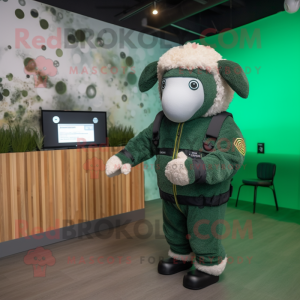 Forest Green Sheep mascot costume character dressed with a Jumpsuit and Smartwatches