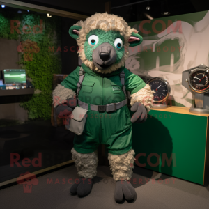 Forest Green Sheep mascot costume character dressed with a Jumpsuit and Smartwatches