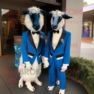 Blue Angora Goat mascot costume character dressed with a Tuxedo and Cufflinks