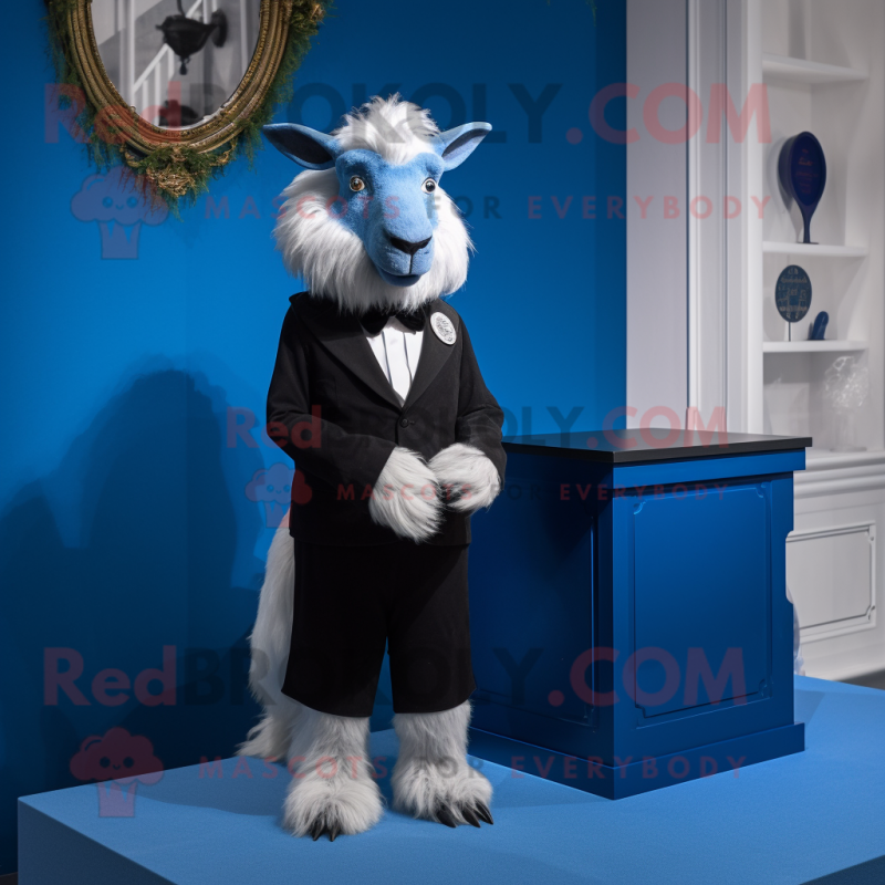 Blue Angora Goat mascot costume character dressed with a Tuxedo and Cufflinks