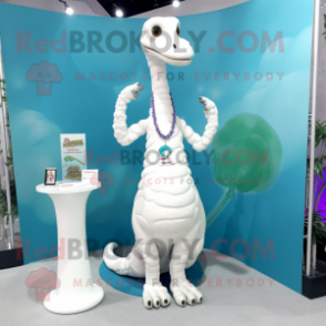 White Brachiosaurus mascot costume character dressed with a Romper and Necklaces