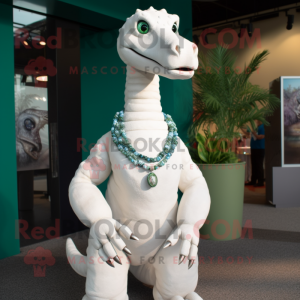 White Brachiosaurus mascot costume character dressed with a Romper and Necklaces