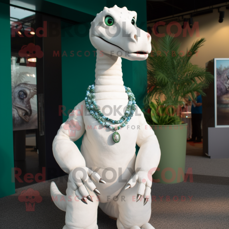 White Brachiosaurus mascot costume character dressed with a Romper and Necklaces White Brachiosaurus mascot costume character dressed with a Romper and Necklaces