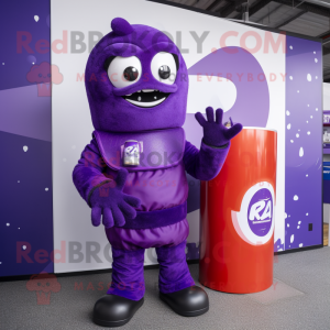Purple Soda Can mascot costume character dressed with a Rash Guard and Mittens