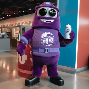 Purple Soda Can mascot costume character dressed with a Rash Guard and Mittens