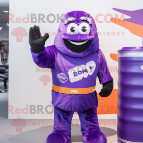 Purple Soda Can mascot costume character dressed with a Rash Guard and Mittens